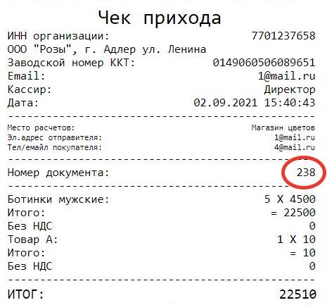 Номер документа на кассовом чеке