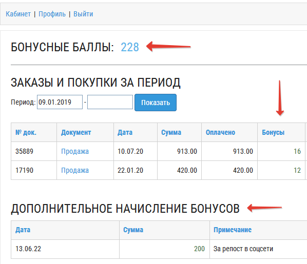 Отчет о бонусах в личном кабинете